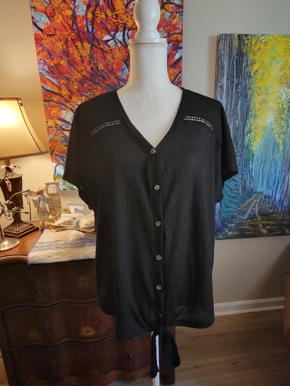 Button-Front Black Tie-Hem Short-Sleeve Top
